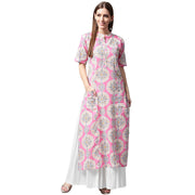 Pink printed half sleeve cotton A-line kurta with white skirt