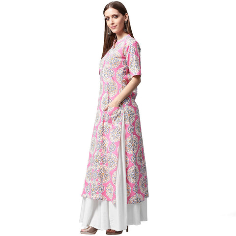 Pink printed half sleeve cotton A-line kurta with white skirt