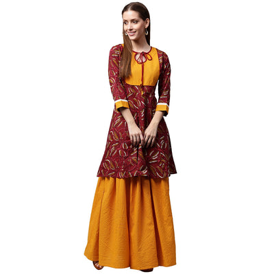 Red printed 3/4th sleeve cropped anarkali kurta with yellow printed skirt
