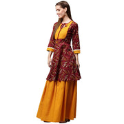 Red printed 3/4th sleeve cropped anarkali kurta with yellow printed skirt