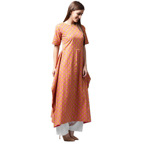 Yellow printed half sleeve cotton A-line kurta