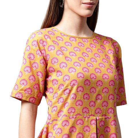 Yellow printed half sleeve cotton A-line kurta
