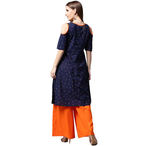 Blue printed half sleeve cotton kurta with orange Palazzos