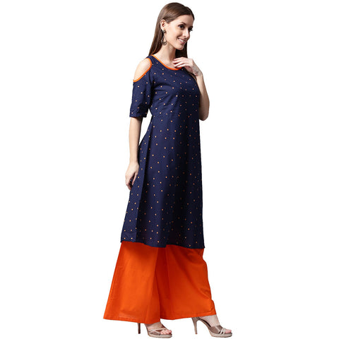 Blue printed half sleeve cotton kurta with orange Palazzos