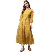 Yellow Printed 3/4th sleeve cold shoulder cotton Anarkali kurta