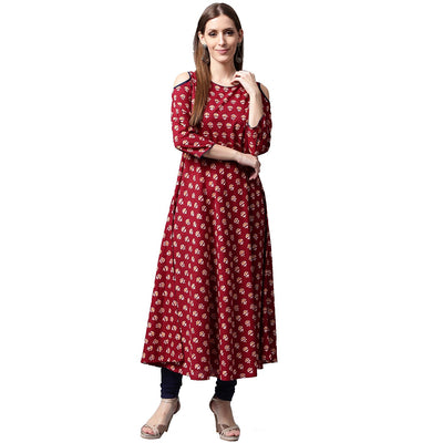 Red Printed 3/4th sleeve cold shoulder cotton Anarkali kurta