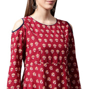 Red Printed 3/4th sleeve cold shoulder cotton Anarkali kurta