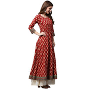 Red printed 3/4th sleeve cotton long Anarkali kurta