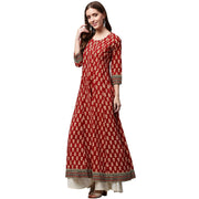 Red printed 3/4th sleeve cotton long Anarkali kurta
