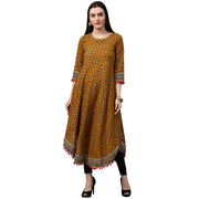 Yellow printed 3/4th sleeve Assymetric Cotton Anarkali kurta