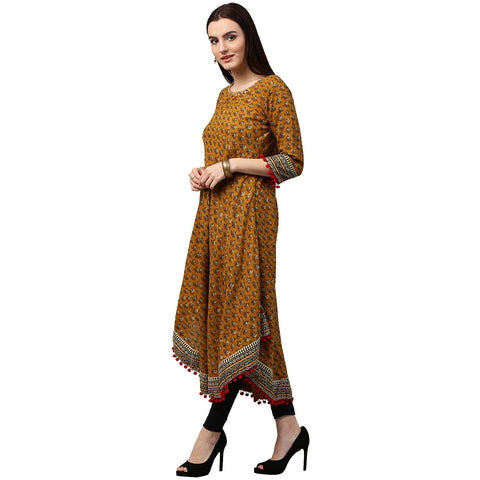 Yellow printed 3/4th sleeve Assymetric Cotton Anarkali kurta