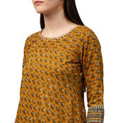 Yellow printed 3/4th sleeve Assymetric Cotton Anarkali kurta