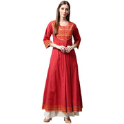 Red 3/4th sleeve cotton Anarkali kurta with printed yoke