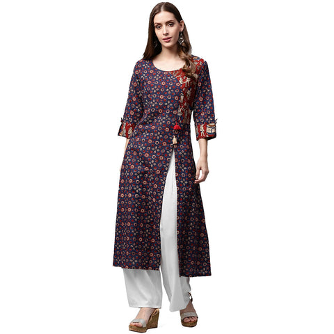 Blue printed 3/4th sleeve cotton long A-line kurta