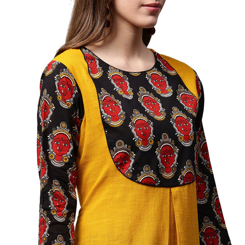 Yellow 3/4th sleeve Cotton A-line kurta with printed yoke