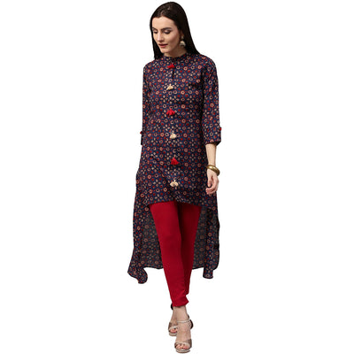 Blue printed 3/4th sleeve cotton low high kurta with tussle work