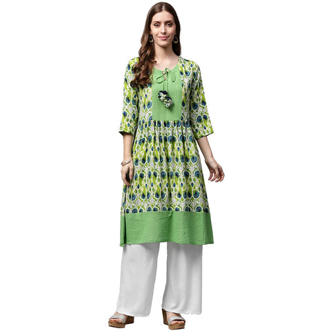 Green printed 3/4th sleeve Anarkali kurta with dori work at yoke