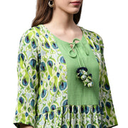 Green printed 3/4th sleeve Anarkali kurta with dori work at yoke