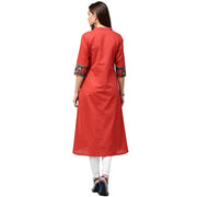 Red 3/4th sleeve cotton A-line kurta with printed yoke