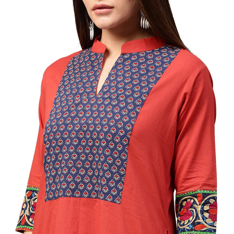 Red 3/4th sleeve cotton A-line kurta with printed yoke