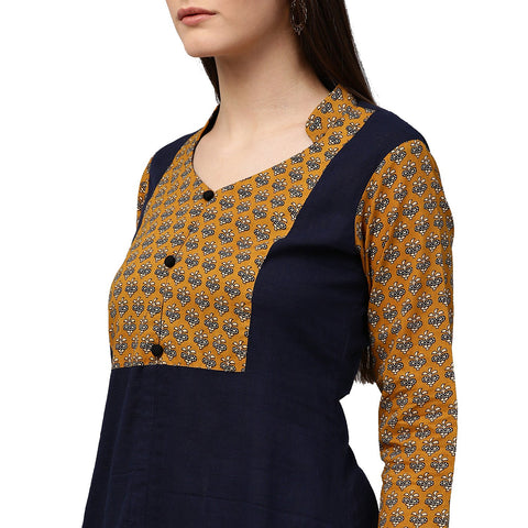 Blue & yellow printed 3/4th sleeve cotton Short A-line kurta