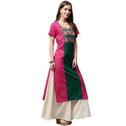 Pink & Green printed short sleeve cotton A-line kurta
