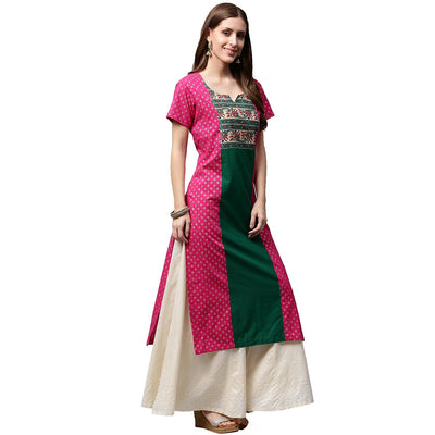 Pink & Green printed short sleeve cotton A-line kurta