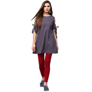 Blue printed half sleeve with cold shoulder cotton tunic