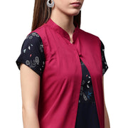 Blue printed short sleeve crepe A-line kurta with pink jacket