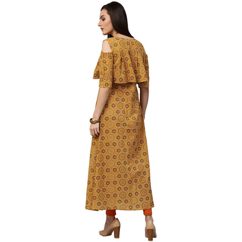 Yellow printed sleeveless cotton A-Line kurta