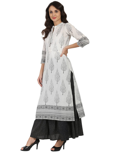 Off white printed 3/4th sleeve cotton kurta with black printed skirt