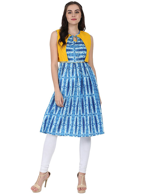 Blue printed sleeveless cotton Anarkali kurta with yellow jacket