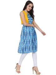 Blue printed sleeveless cotton Anarkali kurta with yellow jacket