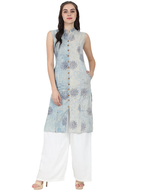 Blue printed sleeveless cotton A-line kurta