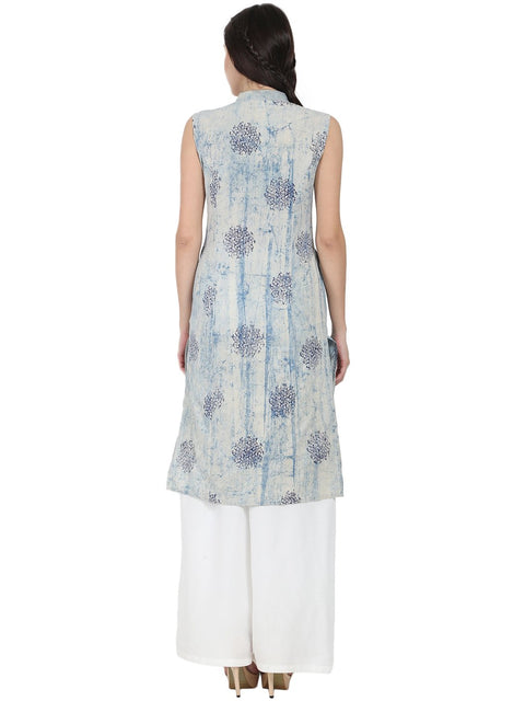Blue printed sleeveless cotton A-line kurta