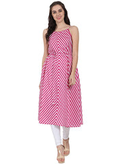 Pink printed sleeveless cotton Anarkali kurta