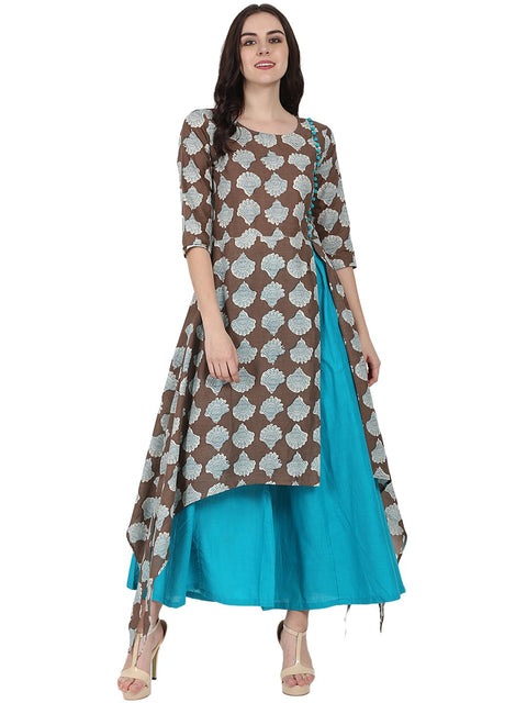Coffee Brown printed half sleeve cotton Low high kurta with Blue flared skirt