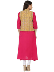 Pink 3/4th sleeve cotton A-line kurta with yellow printed Jacket