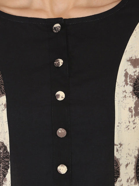 Black & Beige printed 3/4th sleeve cotton A-line kurta