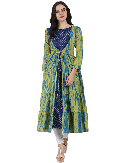Blue printed cotton kurta with green printed full sleeve tiered Anarkali shape Ankle length jacket