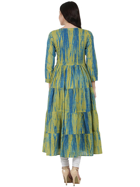 Blue printed cotton kurta with green printed full sleeve tiered Anarkali shape Ankle length jacket