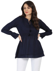 Blue Full sleeve rayon tunic with Dori & Latkan work at yoke