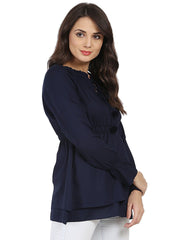 Blue Full sleeve rayon tunic with Dori & Latkan work at yoke