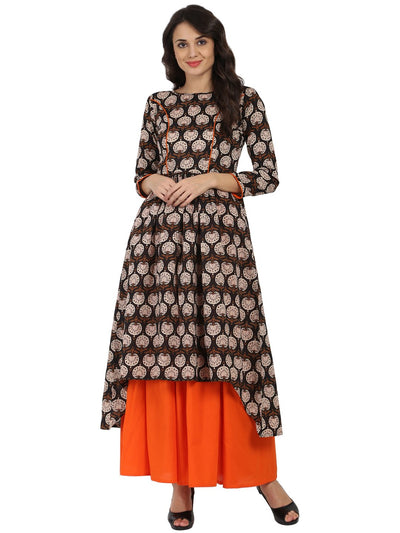 Brown printed 3/4th sleeve cotton A-line kurta with orange flared skirt
