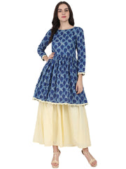 Blue printed 3/4th sleeve cotton anarkali kurta with Beige flared skirt