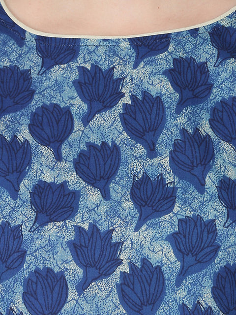 Blue printed 3/4th sleeve cotton anarkali kurta with Beige flared skirt