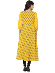 Yellow printed 3/4th sleeve cotton double layer A-line kurta