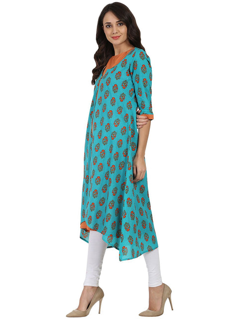 Blue printed 3/4th sleeve cotton Double layer A-line kurta
