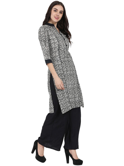 Grey printed 3/4th sleeve cotton kurta