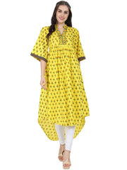 Yellow printed half sleeve cotton Anarkali kurta